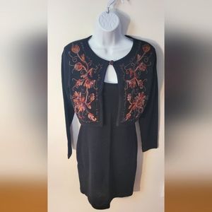 Vintage Black Embroidered Sweater Dress With Attached Cardigan in Women's Size S